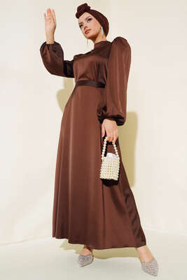 Balon Kol Kuşaklı Saten Elbise Acı Kahve 