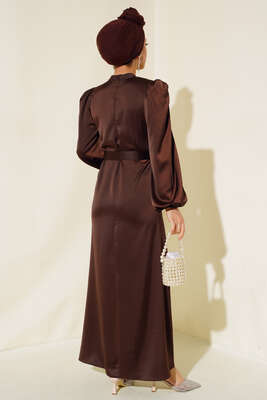 Balon Kol Kuşaklı Saten Elbise Acı Kahve - Tesettür Elbise