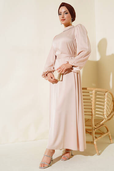 Balon Kol Kuşaklı Saten Elbise Bej - Elbise