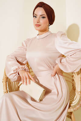 Balon Kol Kuşaklı Saten Elbise Bej - Tesettür Elbise