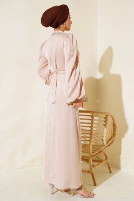 Balon Kol Kuşaklı Saten Elbise Bej - Tesettür Elbise