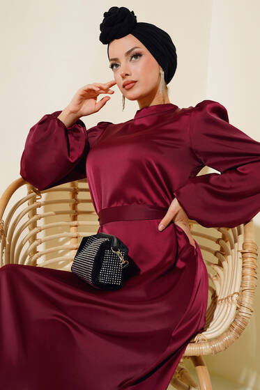 Balon Kol Kuşaklı Saten Elbise Bordo - Elbise