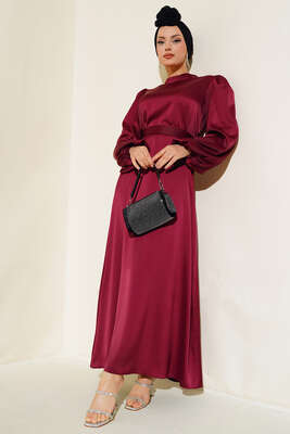 Balon Kol Kuşaklı Saten Elbise Bordo - Tesettür Elbise