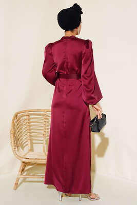 Balon Kol Kuşaklı Saten Elbise Bordo - Tesettür Elbise