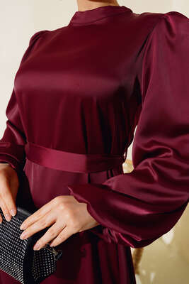 Balon Kol Kuşaklı Saten Elbise Bordo - Tesettür Elbise