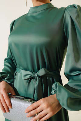 Balon Kol Kuşaklı Saten Elbise Çağla Yeşili - Thumbnail
