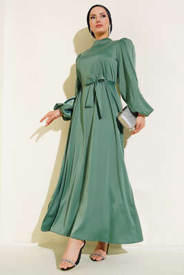 Balon Kol Kuşaklı Saten Elbise Çağla Yeşili 