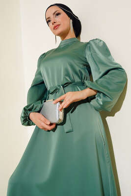 Balon Kol Kuşaklı Saten Elbise Çağla Yeşili - Tesettür Elbise