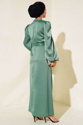 Balon Kol Kuşaklı Saten Elbise Çağla Yeşili - Tesettür Elbise