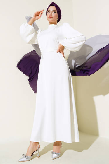 Balon Kol Kuşaklı Saten Elbise Ekru - Tesettür Elbise