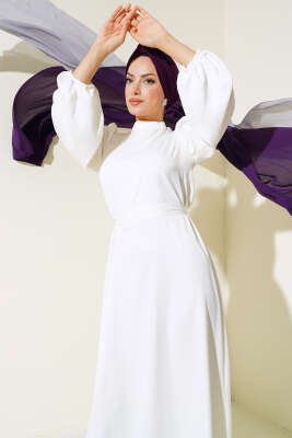 Balon Kol Kuşaklı Saten Elbise Ekru - Tesettür Elbise