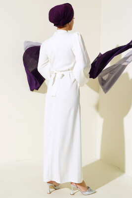 Balon Kol Kuşaklı Saten Elbise Ekru - Tesettür Elbise