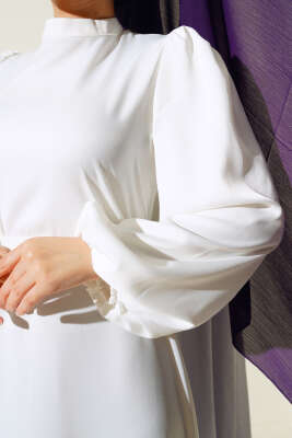 Balon Kol Kuşaklı Saten Elbise Ekru - Tesettür Elbise