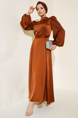 Balon Kol Kuşaklı Saten Elbise Kahve 