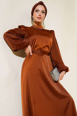 Balon Kol Kuşaklı Saten Elbise Kahve - Tesettür Elbise