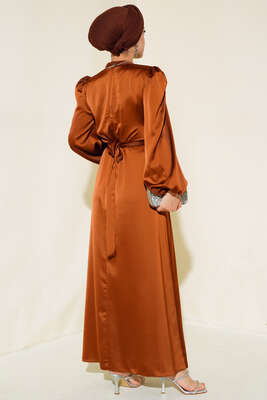 Balon Kol Kuşaklı Saten Elbise Kahve - Tesettür Elbise