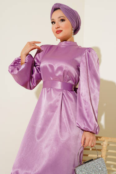 Balon Kol Kuşaklı Saten Elbise Lila - Tesettür Elbise