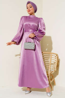 Balon Kol Kuşaklı Saten Elbise Lila - Tesettür Elbise