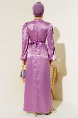 Balon Kol Kuşaklı Saten Elbise Lila - Tesettür Elbise