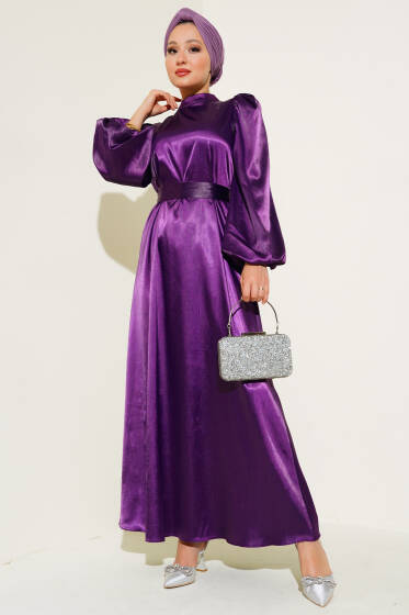 Balon Kol Kuşaklı Saten Elbise Mor - Elbise