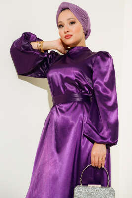 Balon Kol Kuşaklı Saten Elbise Mor - Tesettür Elbise