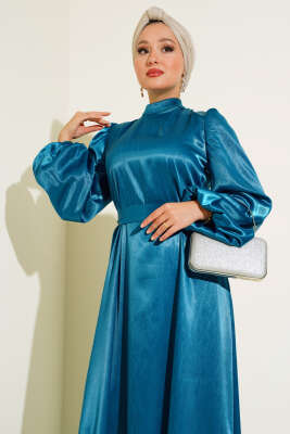Balon Kol Kuşaklı Saten Elbise Petrol - Tesettür Elbise