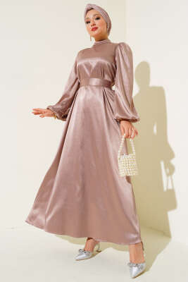 Balon Kol Kuşaklı Saten Elbise Pudra - Tesettür Elbise