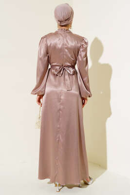 Balon Kol Kuşaklı Saten Elbise Pudra - Tesettür Elbise