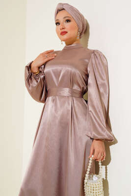 Balon Kol Kuşaklı Saten Elbise Pudra - Tesettür Elbise