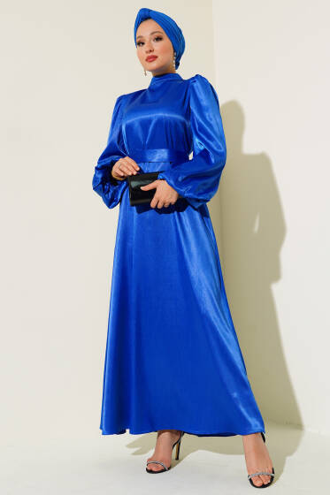 Balon Kol Kuşaklı Saten Elbise Saks - Elbise