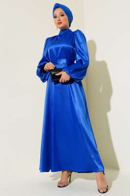 Balon Kol Kuşaklı Saten Elbise Saks 