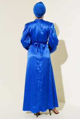 Balon Kol Kuşaklı Saten Elbise Saks - Tesettür Elbise