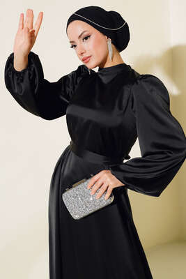 Balon Kol Kuşaklı Saten Elbise Siyah - Tesettür Elbise