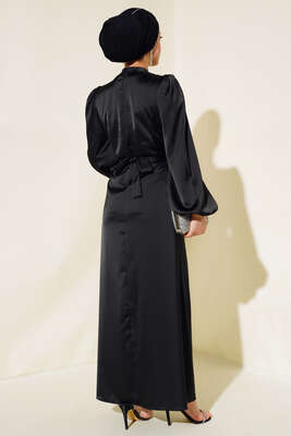 Balon Kol Kuşaklı Saten Elbise Siyah - Tesettür Elbise