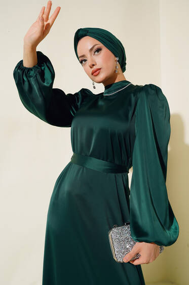Balon Kol Kuşaklı Saten Elbise Zümrüt - Elbise