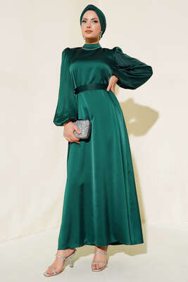Balon Kol Kuşaklı Saten Elbise Zümrüt - Tesettür Elbise