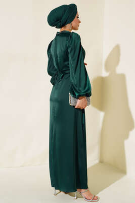 Balon Kol Kuşaklı Saten Elbise Zümrüt - Tesettür Elbise