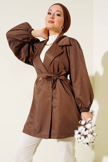 Balon Kol Kuşaklı Trençkot Kahve - Trençkot