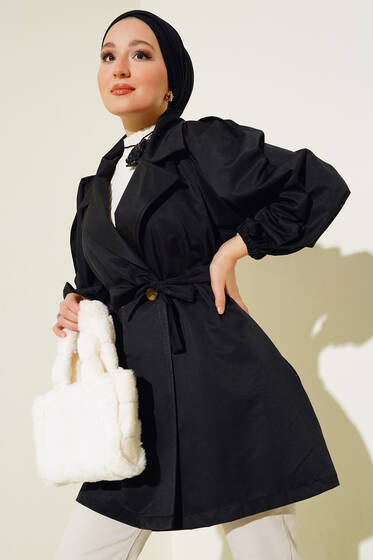 Balon Kol Kuşaklı Trençkot Siyah - Trençkot