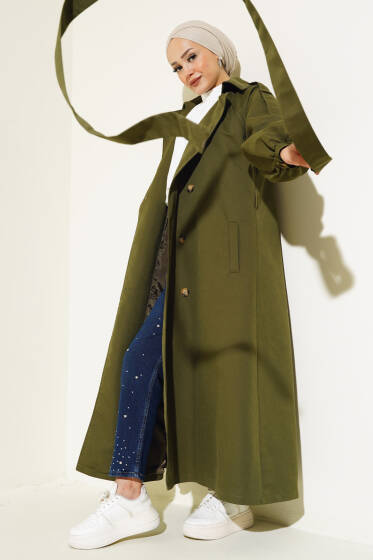 Balon Kol Kuşaklı Uzun Trençkot Haki - Trençkot