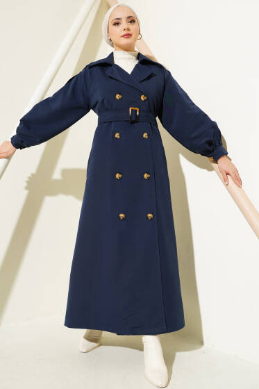 Balon Kol Kuşaklı Uzun Trençkot Lacivert - Trençkot
