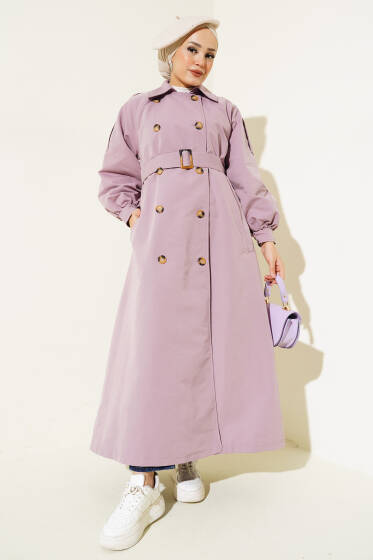 Balon Kol Kuşaklı Uzun Trençkot Lila - Trençkot