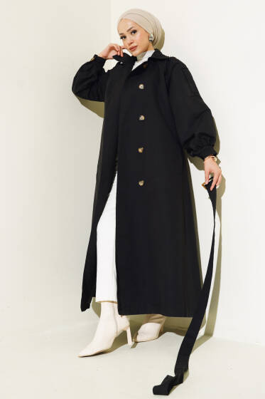 Balon Kol Kuşaklı Uzun Trençkot Siyah - Trençkot