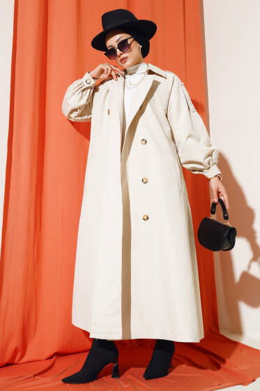 Balon Kol Kuşaklı Uzun Trençkot Taş - Trençkot