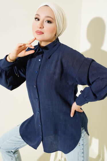 Balon Kol Manşet Bağcıklı Gömlek Lacivert - Gömlek