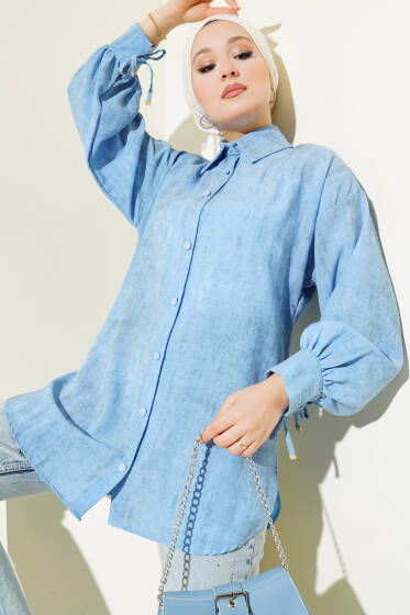 Balon Kol Manşet Bağcıklı Gömlek Mavi - Gömlek