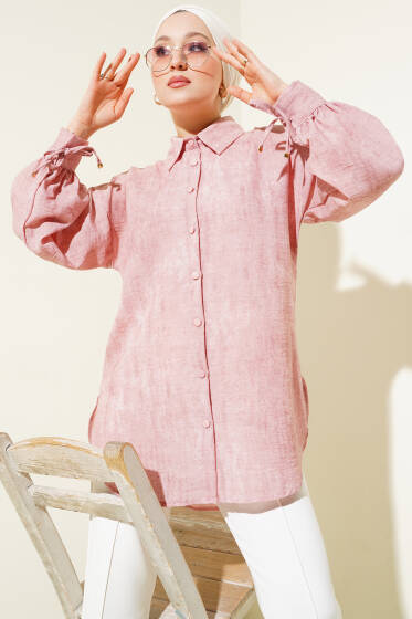 Balon Kol Manşet Bağcıklı Gömlek Pudra - Gömlek