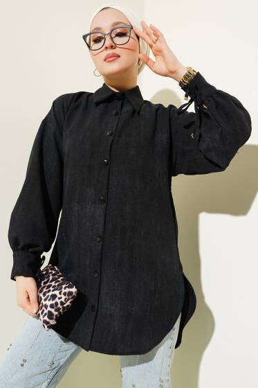 Balon Kol Manşet Bağcıklı Gömlek Siyah - Gömlek
