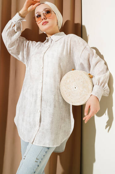 Balon Kol Manşet Bağcıklı Gömlek Taş - Gömlek