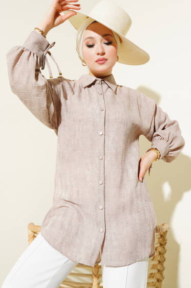 Balon Kol Manşet Bağcıklı Gömlek Vizon - Gömlek